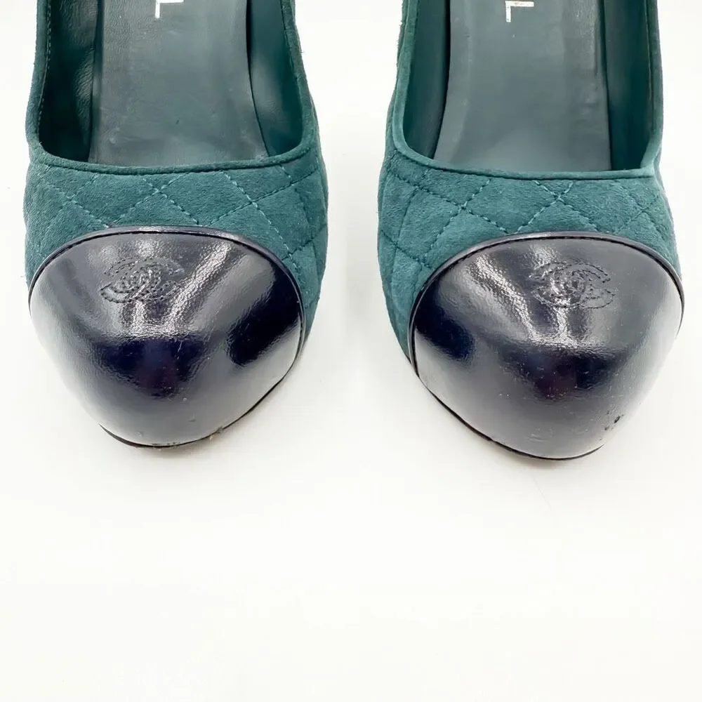 Chanel Teal Quilted Suede Cap Toe Pumps CC Logo Stiletto Heels EU 38